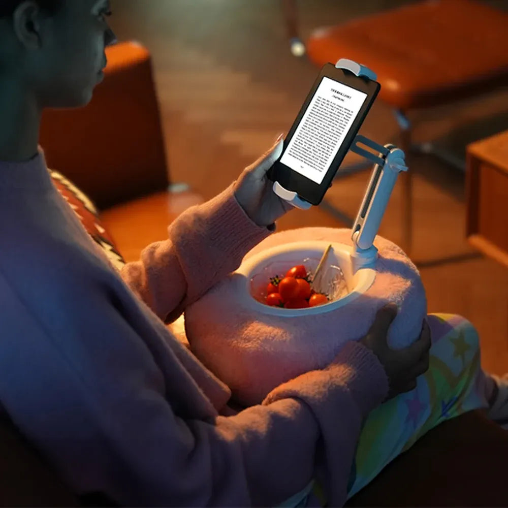 Coussin support tablette et téléphone avec bol à snacks